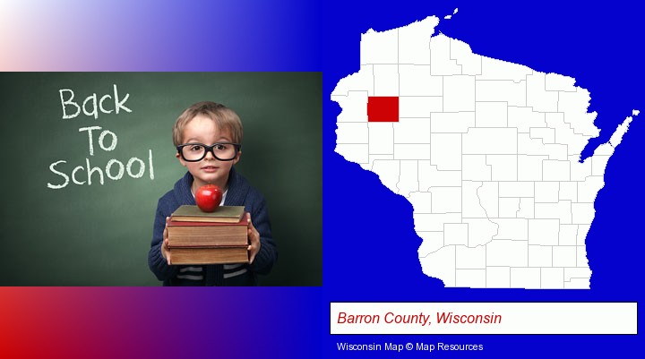 the back-to-school concept; Barron County, Wisconsin highlighted in red on a map
