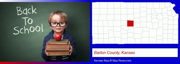 the back-to-school concept; Barton County, Kansas highlighted in red on a map