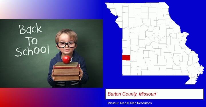 the back-to-school concept; Barton County, Missouri highlighted in red on a map