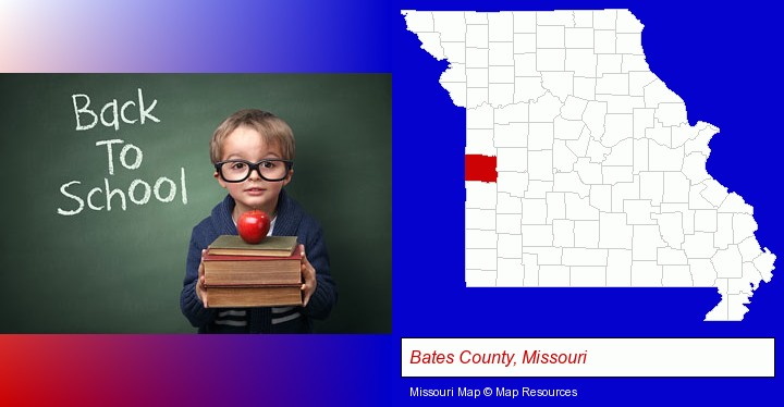 the back-to-school concept; Bates County, Missouri highlighted in red on a map