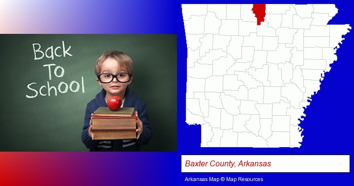 the back-to-school concept; Baxter County, Arkansas highlighted in red on a map