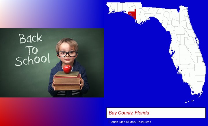 the back-to-school concept; Bay County, Florida highlighted in red on a map