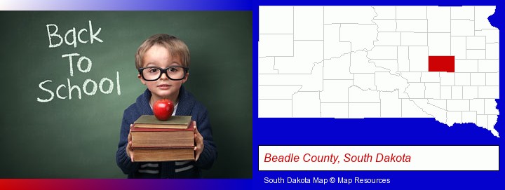 the back-to-school concept; Beadle County, South Dakota highlighted in red on a map