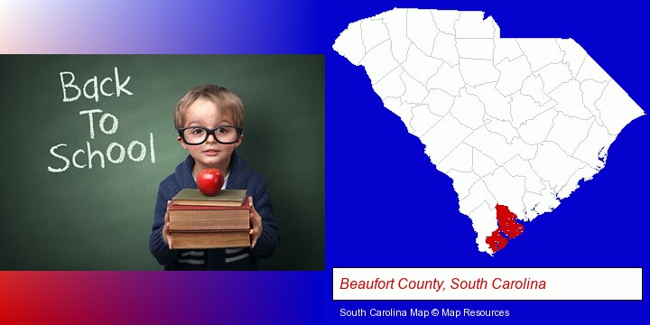 the back-to-school concept; Beaufort County, South Carolina highlighted in red on a map