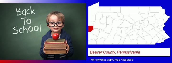 the back-to-school concept; Beaver County, Pennsylvania highlighted in red on a map