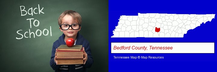 the back-to-school concept; Bedford County, Tennessee highlighted in red on a map