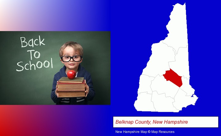 the back-to-school concept; Belknap County, New Hampshire highlighted in red on a map