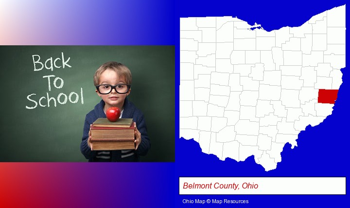 the back-to-school concept; Belmont County, Ohio highlighted in red on a map