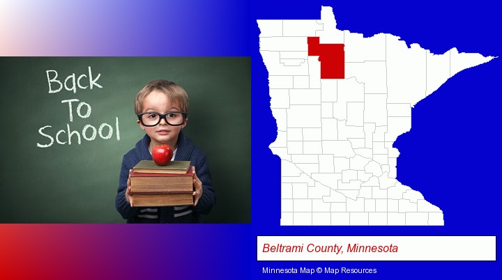 the back-to-school concept; Beltrami County, Minnesota highlighted in red on a map