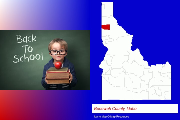 the back-to-school concept; Benewah County, Idaho highlighted in red on a map