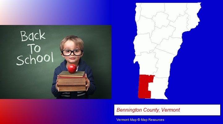 the back-to-school concept; Bennington County, Vermont highlighted in red on a map