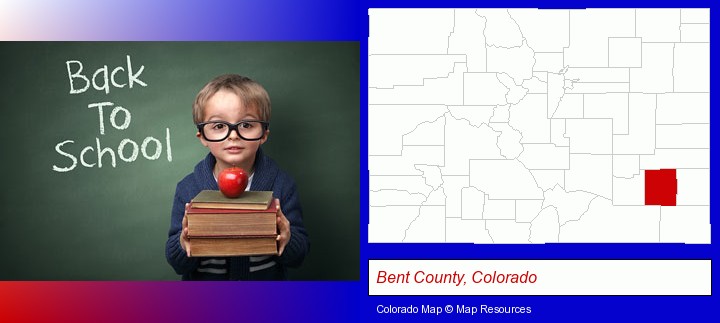 the back-to-school concept; Bent County, Colorado highlighted in red on a map