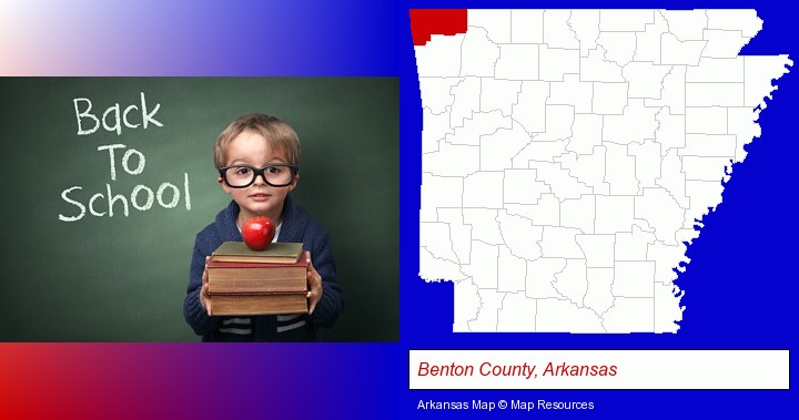 the back-to-school concept; Benton County, Arkansas highlighted in red on a map