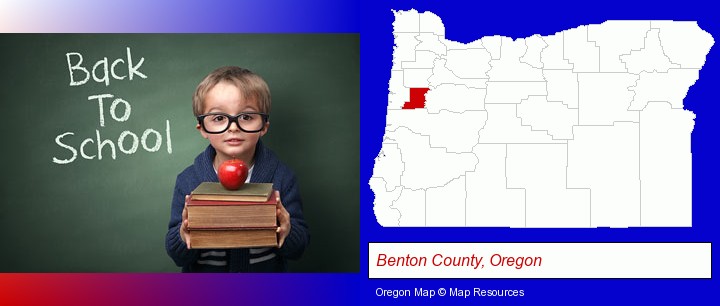the back-to-school concept; Benton County, Oregon highlighted in red on a map