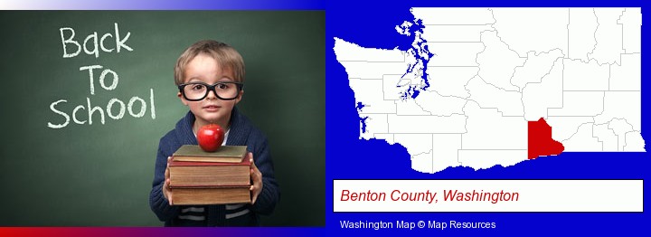 the back-to-school concept; Benton County, Washington highlighted in red on a map