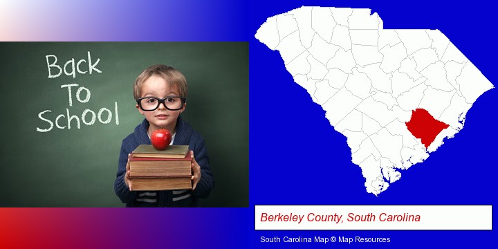 the back-to-school concept; Berkeley County, South Carolina highlighted in red on a map