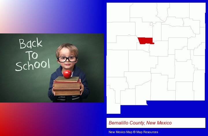 the back-to-school concept; Bernalillo County, New Mexico highlighted in red on a map