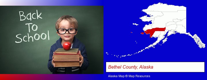 the back-to-school concept; Bethel County, Alaska highlighted in red on a map