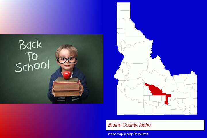 the back-to-school concept; Blaine County, Idaho highlighted in red on a map