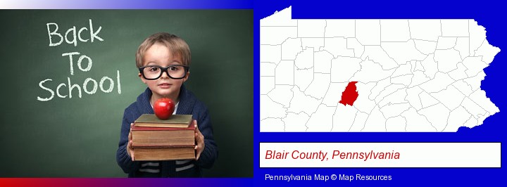 the back-to-school concept; Blair County, Pennsylvania highlighted in red on a map