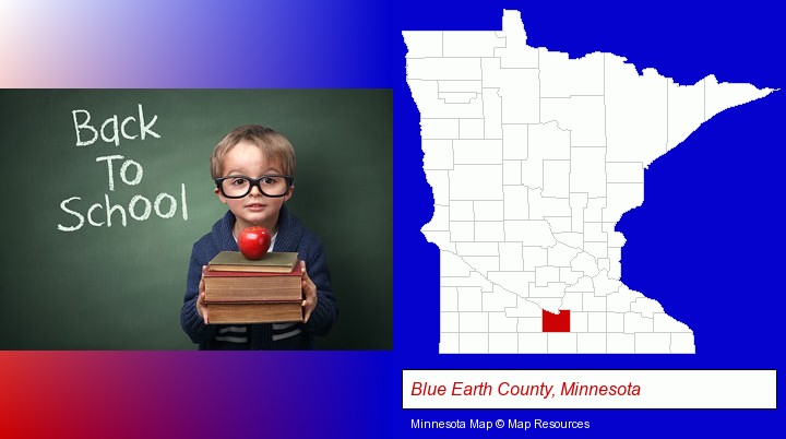 the back-to-school concept; Blue Earth County, Minnesota highlighted in red on a map