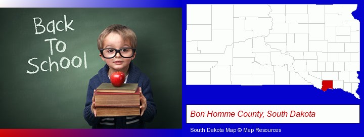 the back-to-school concept; Bon Homme County, South Dakota highlighted in red on a map