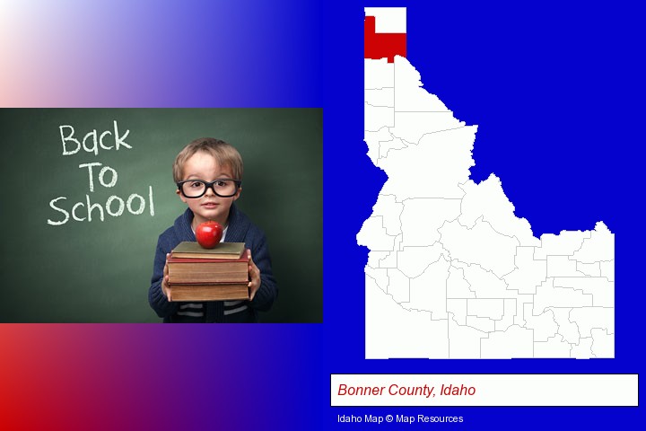 the back-to-school concept; Bonner County, Idaho highlighted in red on a map