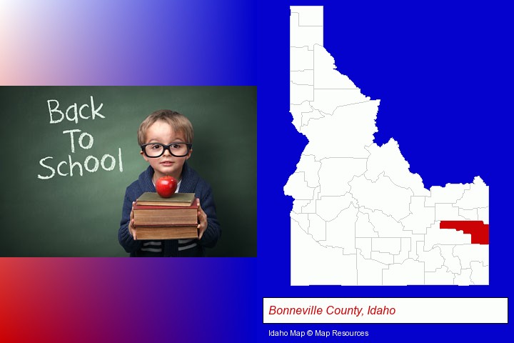 the back-to-school concept; Bonneville County, Idaho highlighted in red on a map
