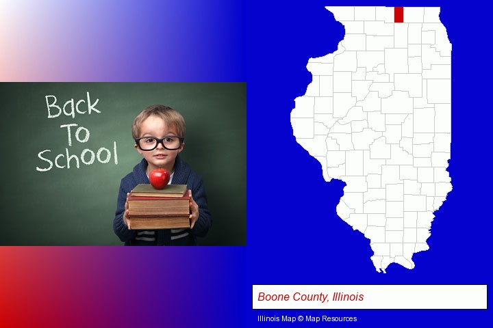 the back-to-school concept; Boone County, Illinois highlighted in red on a map