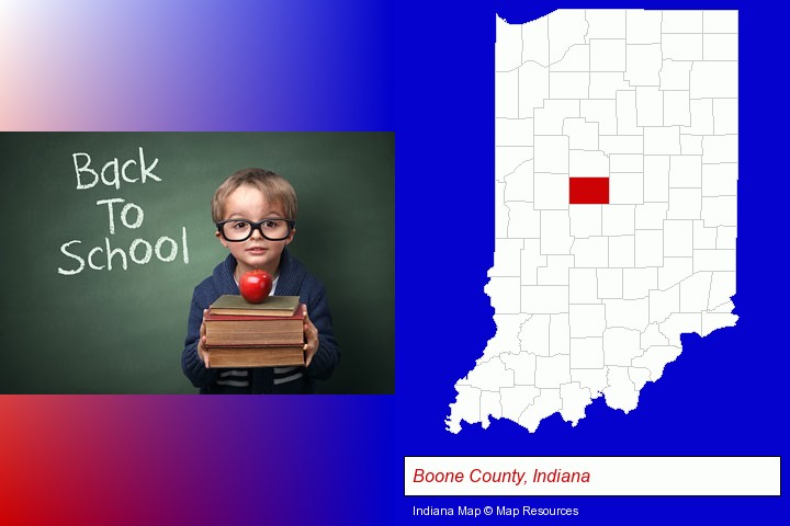 the back-to-school concept; Boone County, Indiana highlighted in red on a map