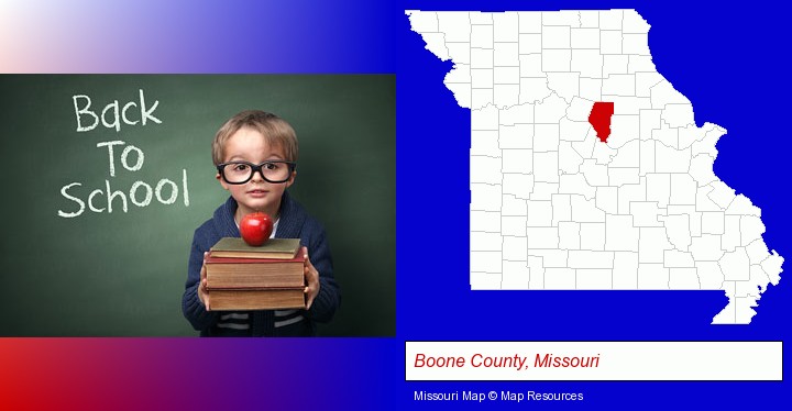 the back-to-school concept; Boone County, Missouri highlighted in red on a map