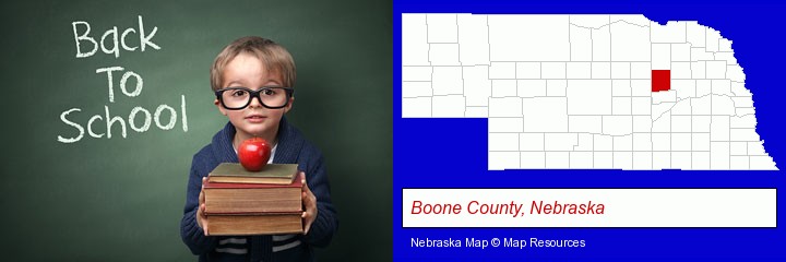 the back-to-school concept; Boone County, Nebraska highlighted in red on a map