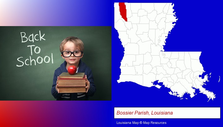 the back-to-school concept; Bossier Parish, Louisiana highlighted in red on a map