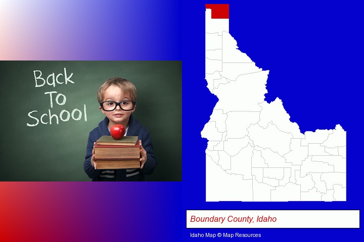 the back-to-school concept; Boundary County, Idaho highlighted in red on a map