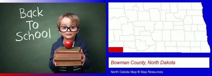 the back-to-school concept; Bowman County, North Dakota highlighted in red on a map