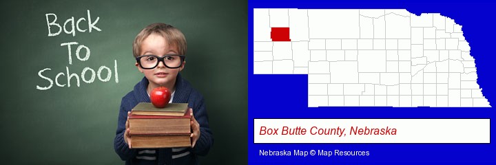 the back-to-school concept; Box Butte County, Nebraska highlighted in red on a map