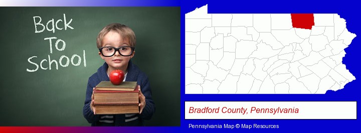 the back-to-school concept; Bradford County, Pennsylvania highlighted in red on a map