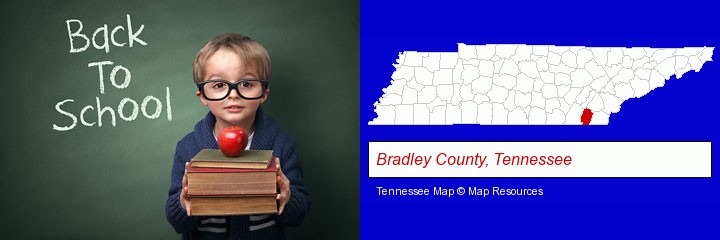 the back-to-school concept; Bradley County, Tennessee highlighted in red on a map