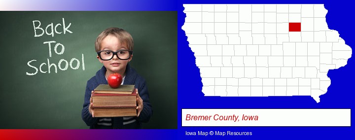the back-to-school concept; Bremer County, Iowa highlighted in red on a map
