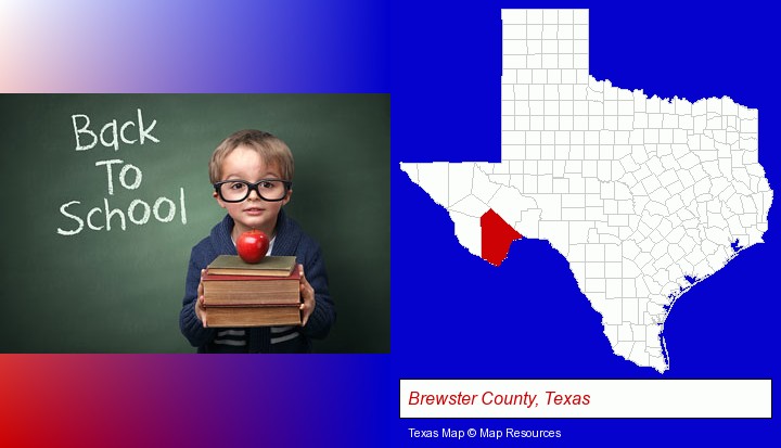 the back-to-school concept; Brewster County, Texas highlighted in red on a map