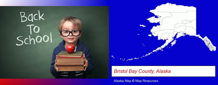 the back-to-school concept; Bristol Bay County, Alaska highlighted in red on a map