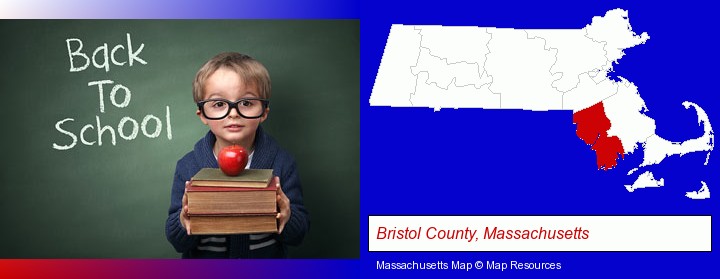 the back-to-school concept; Bristol County, Massachusetts highlighted in red on a map