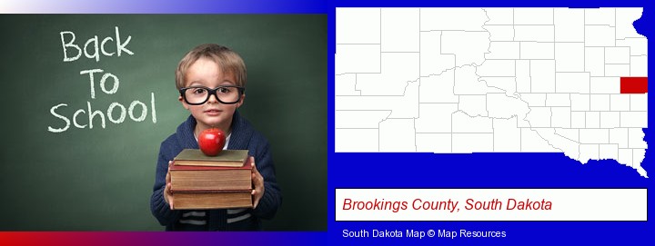 the back-to-school concept; Brookings County, South Dakota highlighted in red on a map