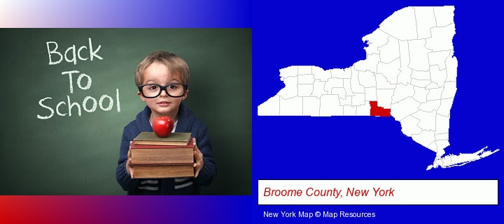 the back-to-school concept; Broome County, New York highlighted in red on a map