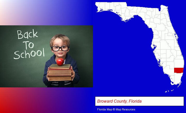 the back-to-school concept; Broward County, Florida highlighted in red on a map
