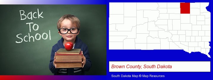 the back-to-school concept; Brown County, South Dakota highlighted in red on a map