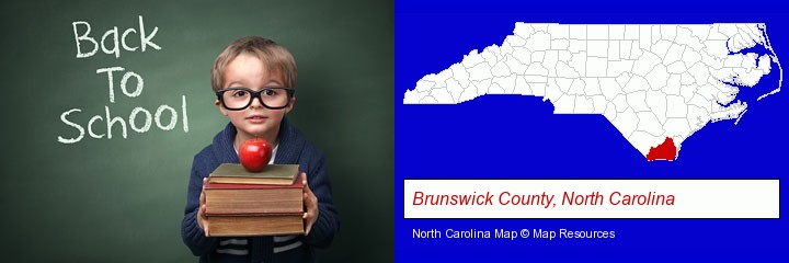 the back-to-school concept; Brunswick County, North Carolina highlighted in red on a map
