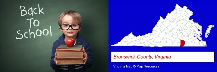 the back-to-school concept; Brunswick County, Virginia highlighted in red on a map