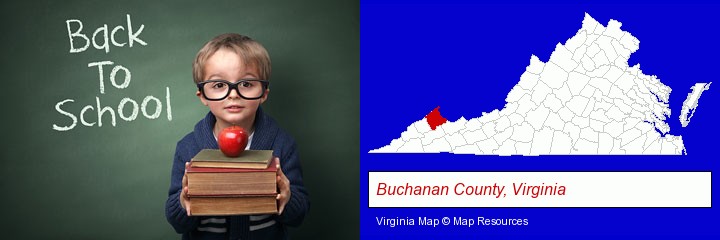 the back-to-school concept; Buchanan County, Virginia highlighted in red on a map