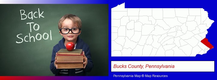 the back-to-school concept; Bucks County, Pennsylvania highlighted in red on a map